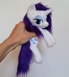 Size: 1330x1488 | Tagged: safe, artist:epicrainbowcrafts, derpibooru import, rarity, pony, beanie (plushie), bedroom eyes, hand, holding a pony, irl, photo, plushie