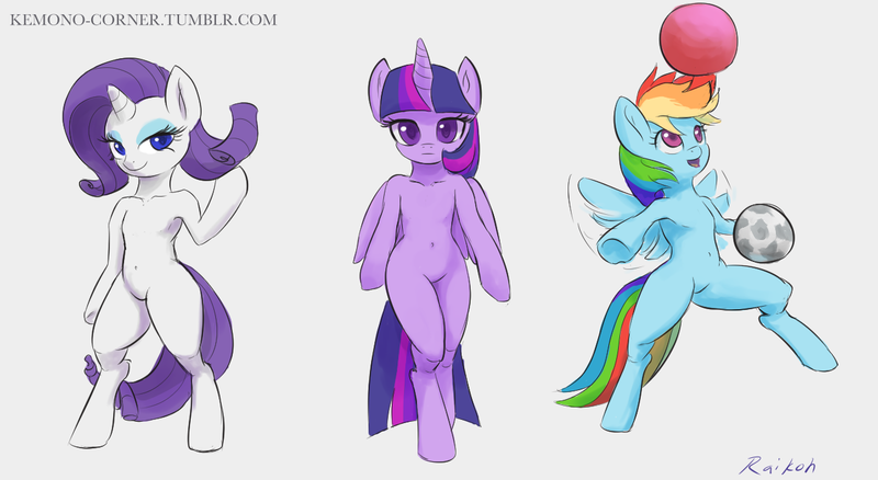 Size: 1280x700 | Tagged: safe, artist:raikoh, derpibooru import, rainbow dash, rarity, twilight sparkle, twilight sparkle (alicorn), alicorn, pony, semi-anthro, belly button, bipedal, football, sports