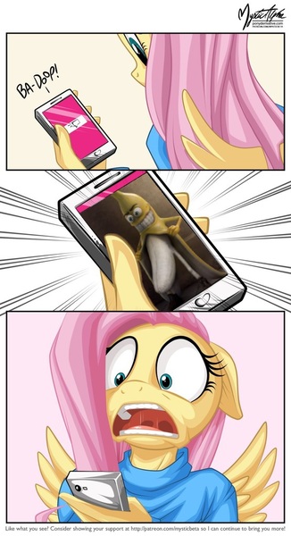 Size: 556x1024 | Tagged: anthro, artist:mysticalpha edits, banana, derpibooru import, exploitable meme, fluttershy, fluttershy's phone, food, meme, open mouth, phone, sexual pranking, shocked, smiling, suggestive