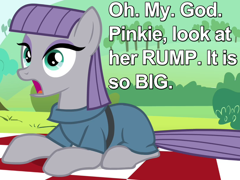 Size: 800x600 | Tagged: safe, derpibooru import, edit, edited screencap, screencap, maud pie, earth pony, pony, maud pie (episode), baby got back, caption, clothes, dress, female, image macro, mare, open mouth, picnic blanket, sir mix-a-lot, solo, song reference, text