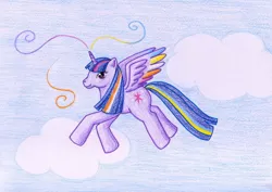 Size: 1024x727 | Tagged: safe, artist:normaleeinsane, derpibooru import, twilight sparkle, twilight sparkle (alicorn), alicorn, pony, cloud, cloudy, female, flying, mare, solo, traditional art