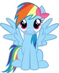 Size: 813x1013 | Tagged: dead source, safe, derpibooru import, rainbow dash, apple bloom's bow, blushing, bow, c:, cute, dashabetes, girly, hair bow, looking at you, simple background, sitting, smiling, solo, spread wings, tomboy taming, transparent background, vector, wings