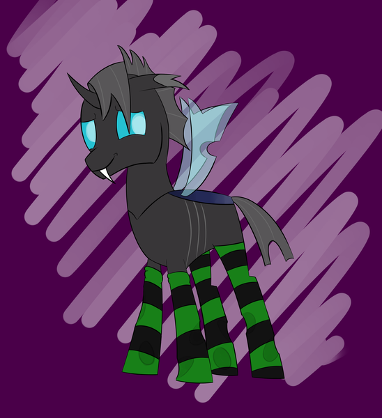 Size: 1913x2093 | Tagged: artist:darklordsnuffles, changeling, clothes, derpibooru import, oc, oc:#4330715, safe, smiling, socks, solo, unofficial characters only