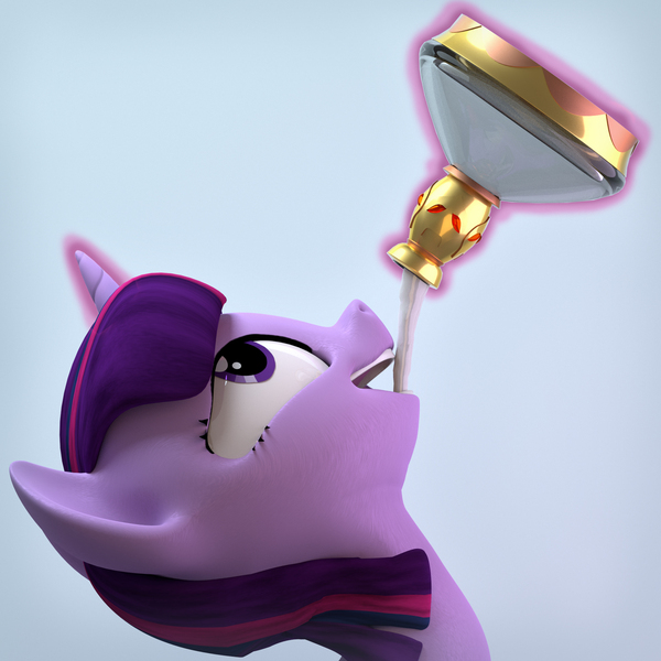 Size: 1920x1920 | Tagged: safe, artist:3d thread, derpibooru import, twilight sparkle, pony, princess twilight sparkle (episode), /mlp/, 3d, 3d model, blender, bottle, drinking, flashback potion, magic, milk, potion, simple background, smiling, solo, telekinesis