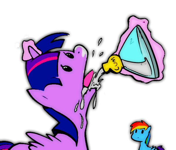 Size: 600x512 | Tagged: questionable, artist:cobaltsnow, color edit, derpibooru import, edit, rainbow dash, twilight sparkle, twilight sparkle (alicorn), alicorn, pony, princess twilight sparkle (episode), /mlp/, colored, cum, drinking, duo, female, flashback potion, magic, mare, messy drinking, not milk, parody, scene interpretation, scene parody, simple background, transparent background