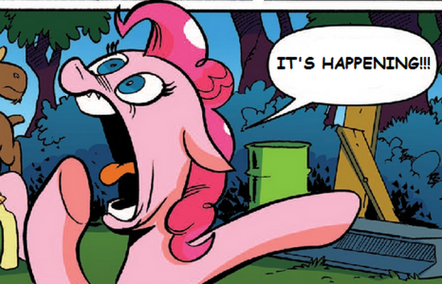 Size: 623x400 | Tagged: comic sans, derpibooru import, edit, idw, it's happening, pinkie pie, reaction image, safe, spoiler:comic, spoiler:comic28