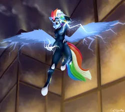 Size: 1500x1347 | Tagged: anthro, artist:oneofyouare, derpibooru import, female, flying, power ponies, power ponies (episode), rainbow dash, safe, solo, spread wings, unguligrade anthro, wings, zapp