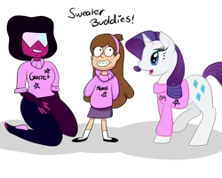 Size: 5000x4000 | Tagged: artist:lisa400, clothes, crossover, derpibooru import, dialogue, garnet (steven universe), gravity falls, mabel pines, rarity, safe, skirt, smiling, steven universe, style emulation, sweater