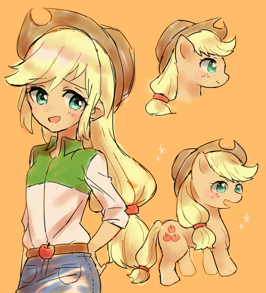 Size: 1284x1416 | Tagged: safe, artist:merryyy87, derpibooru import, applejack, earth pony, human, pony, equestria girls, applejack's hat, blushing, clothes, cowboy hat, cute, female, freckles, hand on hip, hat, jackabetes, mare, open mouth, orange background, pixiv, shirt, simple background, skirt, smiling, solo