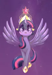 Size: 1280x1848 | Tagged: safe, artist:pearlie-pie, derpibooru import, twilight sparkle, twilight sparkle (alicorn), alicorn, pony, big crown thingy, blushing, element of magic, female, jewelry, mare, regalia, solo, spread wings, wings