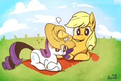 Size: 1280x853 | Tagged: safe, artist:gmrqor, derpibooru import, applejack, rarity, accessory swap, applejack's hat, applejack's hat's death, cloud, cowboy hat, female, field, hat, horn, horn impalement, lesbian, rarijack, scrunchy face, shipping, sky