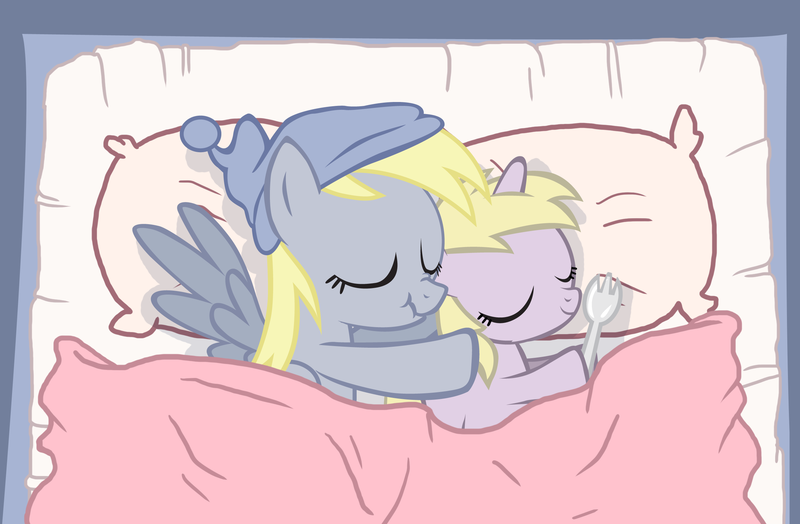 Size: 2454x1608 | Tagged: safe, artist:trotsworth, derpibooru import, derpy hooves, dinky hooves, pegasus, pony, bed, cloydes, cuddling, equestria's best mother, female, mare, scrunchy face, sleeping, spooning, spork