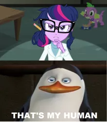 Size: 634x720 | Tagged: safe, derpibooru import, screencap, sci-twi, spike, spike the regular dog, twilight sparkle, dog, equestria girls, rainbow rocks, caption, image macro, kowalski, meme, text, that's my x, the penguins of madagascar