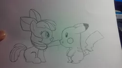 Size: 2304x1296 | Tagged: adorabloom, apple bloom, artist:deon miller, boop, cute, derpibooru import, diabetes, ikue otani, monochrome, pikabloom, pikachu, pokémon, safe, traditional art, voice actor joke