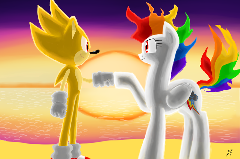 Size: 3000x2000 | Tagged: artist:megaartist923, beach, brofist, crossover, derpibooru import, hoofbump, rainbow dash, safe, sonic the hedgehog, sonic the hedgehog (series), sunset, super rainbow dash, super sonic