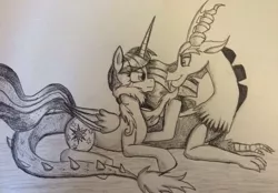 Size: 960x668 | Tagged: safe, artist:leffenkitty, derpibooru import, discord, twilight sparkle, twilight sparkle (alicorn), alicorn, pony, female, mare, monochrome, traditional art