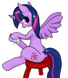 Size: 423x483 | Tagged: safe, artist:woox, derpibooru import, twilight sparkle, twilight sparkle (alicorn), alicorn, pony, female, flockmod, mare, shower, simple background, solo, stool, washing, white background