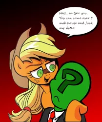 Size: 600x719 | Tagged: suggestive, derpibooru import, edit, idw, applejack, oc, oc:anon, earth pony, human, pony, spoiler:comic, applejack's hat, cowboy hat, female, full metal jacket, hat, human male, implied apple bloom, implied foalcon, implied sex, male, mare, vulgar