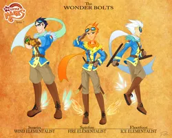 Size: 1647x1319 | Tagged: artist:didj, clothes, derpibooru import, elementalist, fleetfoot, floating wings, gauntlet, gloves, goggles, human, humanized, my little mages, safe, salute, scarf, simple background, soarin', spitfire, sword, tonfa, trio, uniform, weapon, wings, wonderbolts