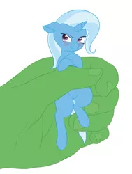 Size: 1495x1975 | Tagged: safe, artist:zippysqrl, derpibooru import, trixie, oc, oc:anon, pony, hand, holding a pony, in goliath's palm, micro, nose wrinkle, scrunchy face, size difference, tiny, tiny ponies, tsundere, tsunderixie