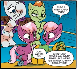 Size: 672x612 | Tagged: artist:jay fosgitt, cheerilee, cherry blossom (idw), clothes, cloverleaf, costume, derpibooru import, idw, rarity, safe, spoiler:comic, spoiler:comic29, sports, wrestling