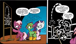 Size: 1305x769 | Tagged: chalkboard, cheerilee, cherry blossom (idw), derpibooru import, idw, rarity, safe, spinning appleloosa roll, spoiler:comic, spoiler:comic29