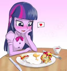 Size: 1100x1168 | Tagged: safe, artist:ta-na, derpibooru import, sunset shimmer, twilight sparkle, twilight sparkle (alicorn), alicorn, pony, unicorn, equestria girls, bacon hair, blushing, breakfast, cup, drool, egg (food), female, fetish, food, heart, imminent vore, lesbian, micro, ponies in food, pony as food, pun, shipping, sunset shimmer dressing up as food, sunsetsparkle, tea, teacup, visual pun