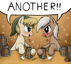 Size: 1260x1130 | Tagged: safe, artist:anearbyanimal, derpibooru import, ponified, earth pony, pony, blaze (coat marking), blushing, cider, dialogue, drinking contest, drunk, epona, eye contact, female, hat, hilarious in hindsight, link, looking at each other, male, mare, motion lines, mug, open mouth, smiling, stallion, tankard, the legend of zelda
