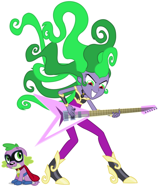 Size: 2240x2634 | Tagged: safe, artist:imperfectxiii, artist:punzil504, derpibooru import, humdrum, mane-iac, spike, dog, equestria girls, power ponies (episode), clothes, cosplay, costume, crossover, equestria girls-ified, guitar, musical instrument, power ponies, simple background, spike the dog, transparent background, vector