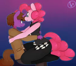 Size: 2587x2268 | Tagged: safe, artist:somescrub, derpibooru import, pinkie pie, oc, oc:sage archer, anthro, earth pony, unicorn, :>, anthro oc, canon x oc, clothes, cosplay, costume, couple, doctor who, gradient background, looking at each other, ponysona, river song, shipping, smiling, timelordsage