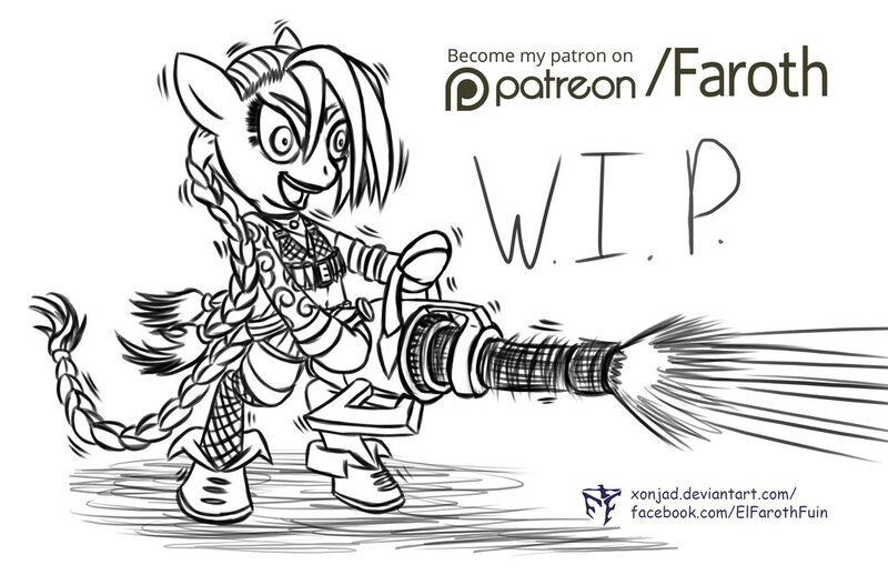 Size: 1024x663 | Tagged: safe, artist:faroth, derpibooru import, ponified, pony, fanart, jinx (league of legends), league of legends, lineart, minigun, monochrome, wip