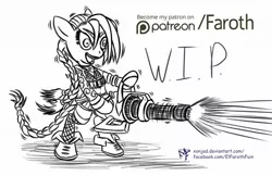 Size: 1024x663 | Tagged: safe, artist:faroth, derpibooru import, ponified, pony, fanart, jinx (league of legends), league of legends, lineart, minigun, monochrome, wip