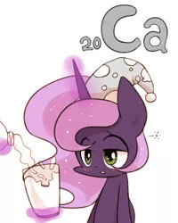 Size: 800x1000 | Tagged: artist:joycall6, blushing, calcium, chemistry, derpibooru import, glass, hat, milk, nightcap, part of a set, periodic table, princess luna, safe, series:joycall6's periodic table, sleepy, solo