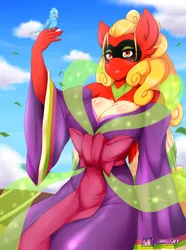 Size: 920x1238 | Tagged: safe, artist:mleonheart, derpibooru import, oc, oc:ho-oh, ponified, unofficial characters only, anthro, bird, ho-oh, poképony, pony, breasts, cleavage, clothes, ear fluff, eyeshadow, female, grin, kimono (clothing), makeup, pokémon, shawl, sitting, smiling, solo, wind