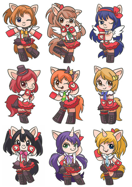 Size: 1024x1450 | Tagged: safe, artist:kongyi, derpibooru import, ponified, pony, bipedal, clothes, crossover, eli ayase, hanayo koizumi, honoka kousaka, kotori minami, love live! school idol project, maki nishikino, nico yazawa, nozomi toujou, rin hoshizora, umi sonoda, μ's