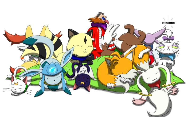 Size: 2000x1250 | Tagged: artist:jeraldkintobor, braixen, cat, crossover, derpibooru import, doctor eggman, dog, espeon, glaceon, incubator (species), inuyasha, kirara, kyubey, luna (sailor moon), miles "tails" prower, nekomata, opalescence, original species, pokémon, prince artemis, princess luna, puella magi madoka magica, rule 63, safe, sleeping, sonic the hedgehog (series), winona, youkai