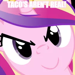 Size: 600x600 | Tagged: >:), caption, close-up, derpibooru import, edit, face, food, grammar error, heresy, hi anon, image macro, level of heresy: bs, meme, misspelling, princess cadance, safe, sonata fuel, taco, text, this is obviously a spy!