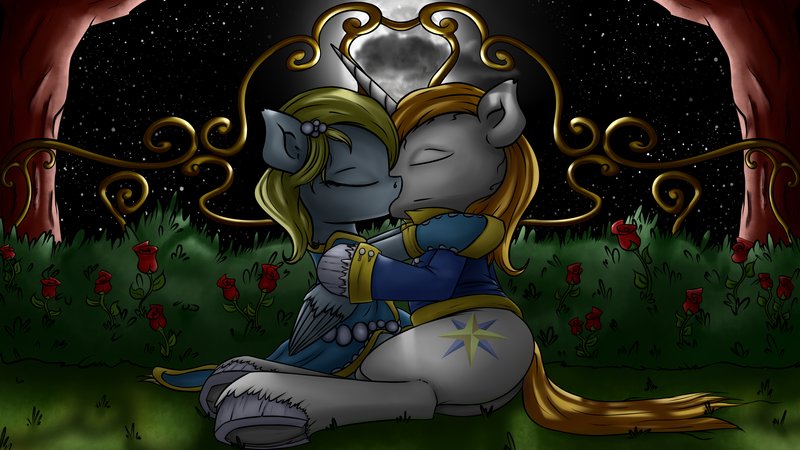 Size: 3840x2160 | Tagged: safe, artist:neko-me, derpibooru import, derpy hooves, prince blueblood, pegasus, pony, fanfic:where is my love?, clothes, cloud, cloudy, crack shipping, derpblood, dress, embrace, fanfic art, female, garden, jacket, kissing, male, mare, moon, prince blueblood gets all the mares, shipping, straight
