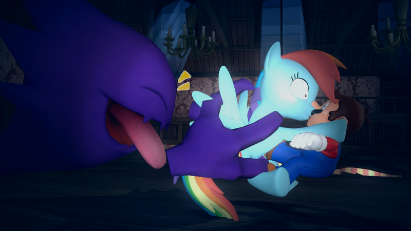 Size: 1280x720 | Tagged: 3d, artist:icepony64, crossover, crossover shipping, derpibooru import, female, haunter, kissing, male, maridash, mario, pokémon, rainbow dash, safe, shipper on deck, shipping, source filmmaker, straight, super mario bros.