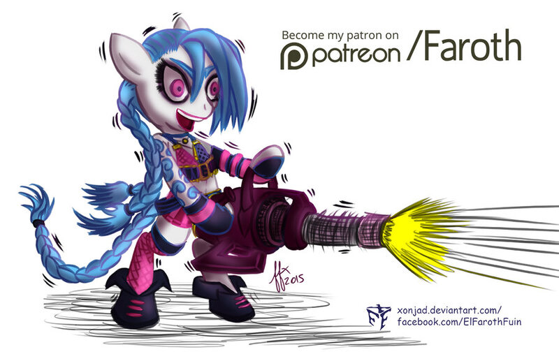 Size: 900x582 | Tagged: safe, artist:faroth, derpibooru import, ponified, pony, digital art, jinx (league of legends), league of legends, minigun, patreon