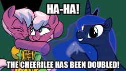 Size: 540x305 | Tagged: artist:jay fosgitt, caption, cheerilee, cherry blossom (idw), comic, derpibooru import, female, hug, idw, image macro, meme, princess luna, safe, siblings, sisters, spoiler:comic, spoiler:comic29, text, the fun has been doubled, twins