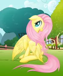 Size: 5911x7095 | Tagged: safe, artist:rainbownspeedash, derpibooru import, fluttershy, pegasus, pony, absurd resolution, fangs, female, floppy ears, fluttershy's cottage, heart eyes, mare, open mouth, sitting, solo, wingding eyes