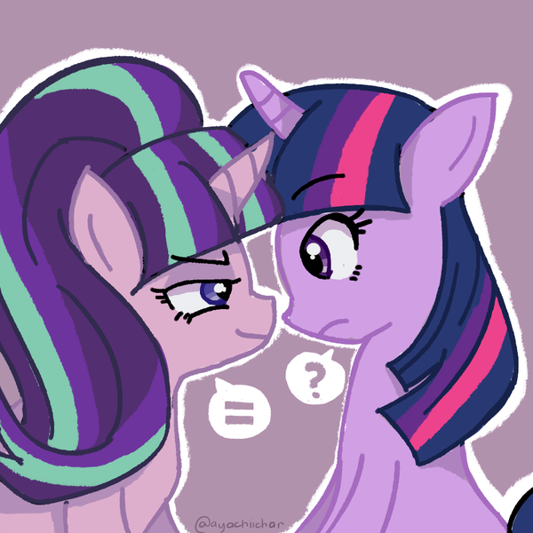 Size: 1024x1024 | Tagged: safe, artist:ayachiichan, derpibooru import, starlight glimmer, twilight sparkle, twilight sparkle (alicorn), alicorn, pony, the cutie map, equal sign, female, mare, wingless