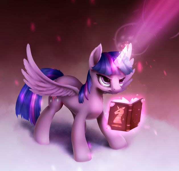 Size: 1050x1002 | Tagged: safe, artist:rodrigues404, derpibooru import, twilight sparkle, twilight sparkle (alicorn), alicorn, pony, book, female, magic, mare, solo, spread wings, wings