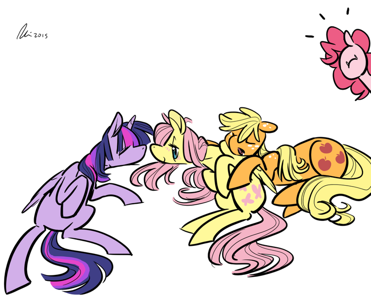 Size: 1280x1041 | Tagged: safe, artist:rwl, derpibooru import, applejack, fluttershy, pinkie pie, twilight sparkle, twilight sparkle (alicorn), alicorn, pony, female, mare, sleeping, snuggling