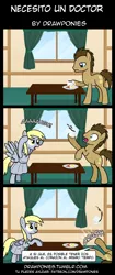 Size: 850x2020 | Tagged: safe, artist:drawponies, derpibooru import, derpy hooves, doctor whooves, time turner, pegasus, pony, bacon, bacon and eggs, breakfast, coffee, comic, doctor who, egg (food), female, food, funny, heart attack, mare, meat, ponies eating meat, spanish, statue, time lord, translation, translator:the-luna-fan, weeping angel