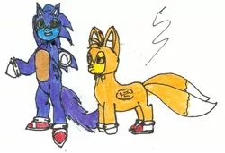 Size: 1314x900 | Tagged: artist:slim-shadow-tss, clothes, cosplay, costume, crossover, derpibooru import, miles "tails" prower, safe, soarin', sonic the hedgehog, sonic the hedgehog (series), spitfire, traditional art, wat