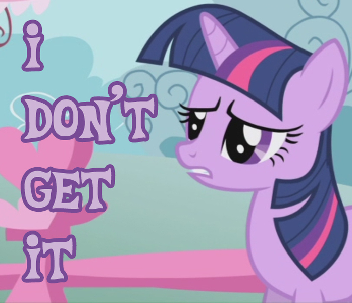 Size: 720x620 | Tagged: safe, derpibooru import, edit, edited screencap, screencap, twilight sparkle, unicorn, applebuck season, i don't get it, purple text, reaction image, solo, unicorn twilight