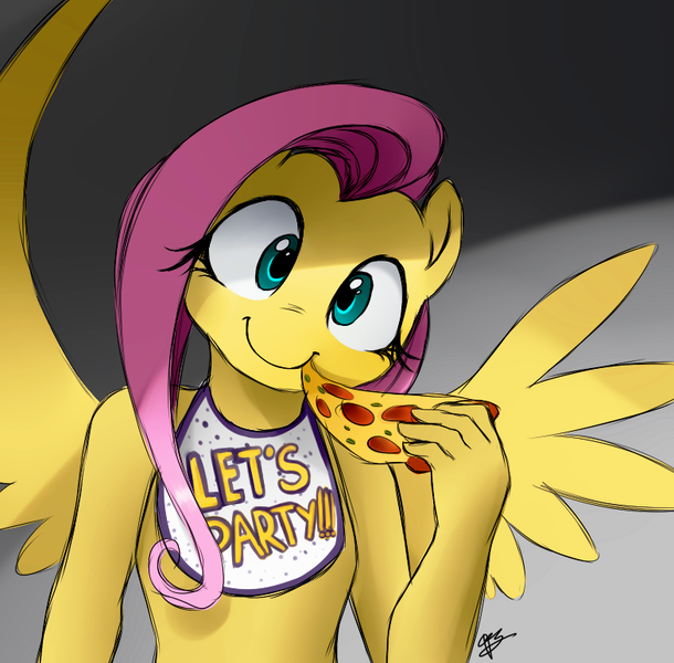 Size: 784x771 | Tagged: anthro, artist:supermare, chica, chicashy, crossover, derpibooru import, five nights at freddy's, flutterchica, fluttershy, food, looking at you, meat, pepperoni, pepperoni pizza, pizza, safe, solo, toy chica