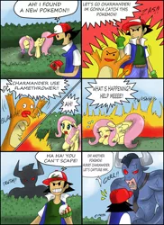 Size: 2550x3506 | Tagged: angry, artist:ciriliko, ash ketchum, charmander, comic, creeper, crossover, derpibooru import, fire, fluttershy, frush, iron will, pokedex, pokémon, red eyes, safe, this will end in tears, zas